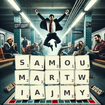 Kreatywna ilustracja do gry w Scrabble ze słowem SAMOUMARTWIAJMY ułożonym z płytek na planszy.