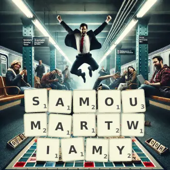 Kreatywna ilustracja do gry w Scrabble ze słowem SAMOUMARTWIAMY ułożonym z płytek na planszy.