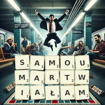 Kreatywna ilustracja do gry w Scrabble ze słowem SAMOUMARTWIAŁAM ułożonym z płytek na planszy.