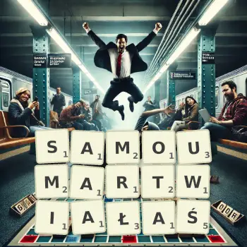 Kreatywna ilustracja do gry w Scrabble ze słowem SAMOUMARTWIAŁAŚ ułożonym z płytek na planszy.