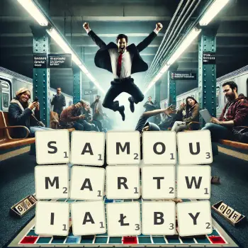 Kreatywna ilustracja do gry w Scrabble ze słowem SAMOUMARTWIAŁBY ułożonym z płytek na planszy.