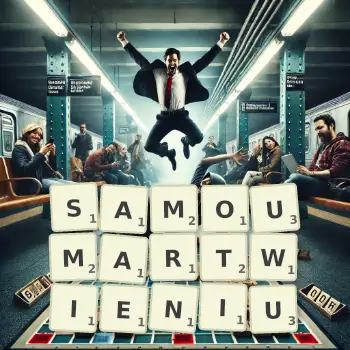 Kreatywna ilustracja do gry w Scrabble ze słowem SAMOUMARTWIENIU ułożonym z płytek na planszy.