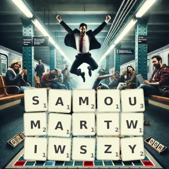 Kreatywna ilustracja do gry w Scrabble ze słowem SAMOUMARTWIWSZY ułożonym z płytek na planszy.