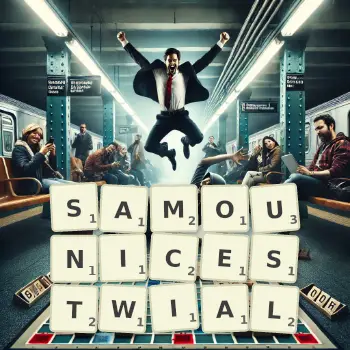 Kreatywna ilustracja do gry w Scrabble ze słowem SAMOUNICESTWIAL ułożonym z płytek na planszy.