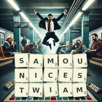 Kreatywna ilustracja do gry w Scrabble ze słowem SAMOUNICESTWIAM ułożonym z płytek na planszy.