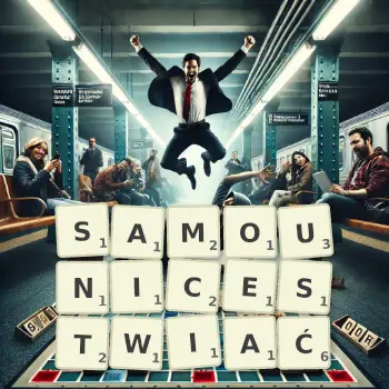 Kreatywna ilustracja do gry w Scrabble ze słowem SAMOUNICESTWIAĆ ułożonym z płytek na planszy.