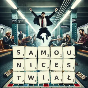 Kreatywna ilustracja do gry w Scrabble ze słowem SAMOUNICESTWIAŁ ułożonym z płytek na planszy.