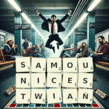 Kreatywna ilustracja do gry w Scrabble ze słowem SAMOUNICESTWIAŃ ułożonym z płytek na planszy.