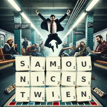 Kreatywna ilustracja do gry w Scrabble ze słowem SAMOUNICESTWIEN ułożonym z płytek na planszy.