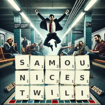 Kreatywna ilustracja do gry w Scrabble ze słowem SAMOUNICESTWILI ułożonym z płytek na planszy.