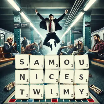 Kreatywna ilustracja do gry w Scrabble ze słowem SAMOUNICESTWIMY ułożonym z płytek na planszy.