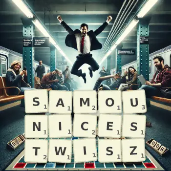 Kreatywna ilustracja do gry w Scrabble ze słowem SAMOUNICESTWISZ ułożonym z płytek na planszy.