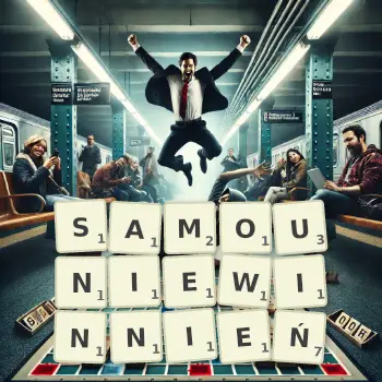 Kreatywna ilustracja do gry w Scrabble ze słowem SAMOUNIEWINNIEŃ ułożonym z płytek na planszy.