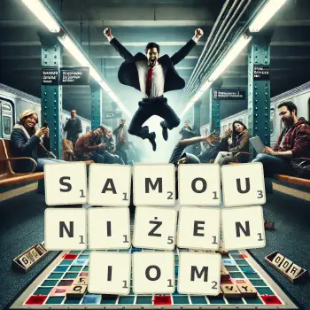 Kreatywna ilustracja do gry w Scrabble ze słowem SAMOUNIŻENIOM ułożonym z płytek na planszy.