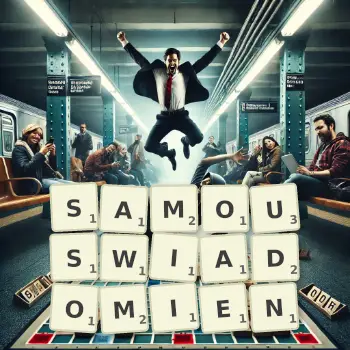 Kreatywna ilustracja do gry w Scrabble ze słowem SAMOUSWIADOMIEN ułożonym z płytek na planszy.