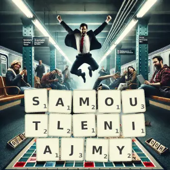 Kreatywna ilustracja do gry w Scrabble ze słowem SAMOUTLENIAJMY ułożonym z płytek na planszy.