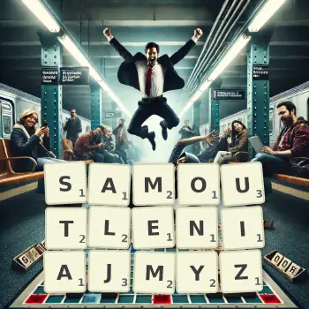 Kreatywna ilustracja do gry w Scrabble ze słowem SAMOUTLENIAJMYZ ułożonym z płytek na planszy.