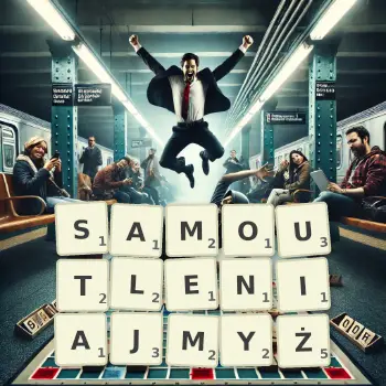 Kreatywna ilustracja do gry w Scrabble ze słowem SAMOUTLENIAJMYŻ ułożonym z płytek na planszy.