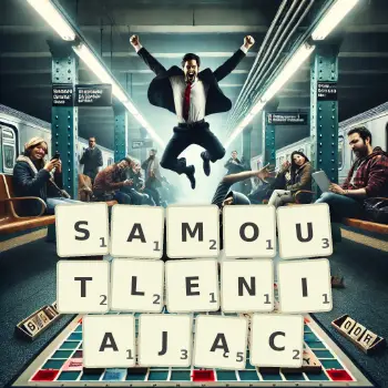 Kreatywna ilustracja do gry w Scrabble ze słowem SAMOUTLENIAJĄC ułożonym z płytek na planszy.