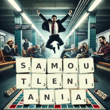 Kreatywna ilustracja do gry w Scrabble ze słowem SAMOUTLENIANIA ułożonym z płytek na planszy.