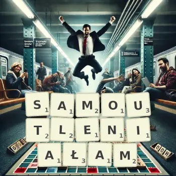 Kreatywna ilustracja do gry w Scrabble ze słowem SAMOUTLENIAŁAM ułożonym z płytek na planszy.