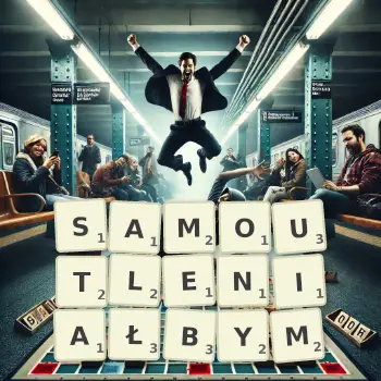Kreatywna ilustracja do gry w Scrabble ze słowem SAMOUTLENIAŁBYM ułożonym z płytek na planszy.
