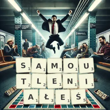 Kreatywna ilustracja do gry w Scrabble ze słowem SAMOUTLENIAŁEŚ ułożonym z płytek na planszy.