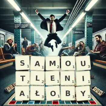 Kreatywna ilustracja do gry w Scrabble ze słowem SAMOUTLENIAŁOBY ułożonym z płytek na planszy.