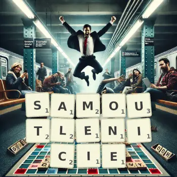 Kreatywna ilustracja do gry w Scrabble ze słowem SAMOUTLENICIE ułożonym z płytek na planszy.