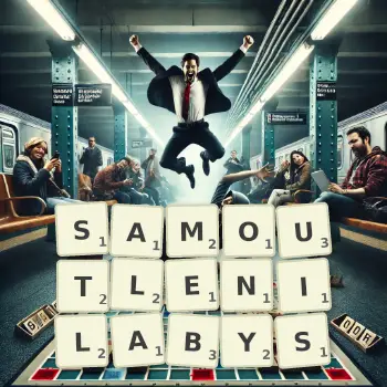 Kreatywna ilustracja do gry w Scrabble ze słowem SAMOUTLENILABYS ułożonym z płytek na planszy.