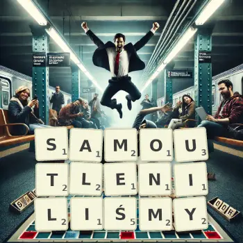 Kreatywna ilustracja do gry w Scrabble ze słowem SAMOUTLENILIŚMY ułożonym z płytek na planszy.