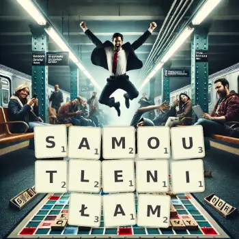 Kreatywna ilustracja do gry w Scrabble ze słowem SAMOUTLENIŁAM ułożonym z płytek na planszy.