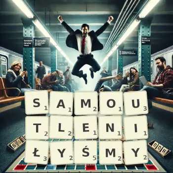 Kreatywna ilustracja do gry w Scrabble ze słowem SAMOUTLENIŁYŚMY ułożonym z płytek na planszy.