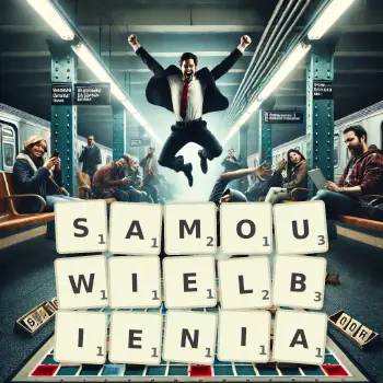 Kreatywna ilustracja do gry w Scrabble ze słowem SAMOUWIELBIENIA ułożonym z płytek na planszy.
