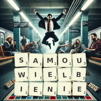 Kreatywna ilustracja do gry w Scrabble ze słowem SAMOUWIELBIENIE ułożonym z płytek na planszy.