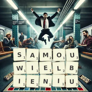 Kreatywna ilustracja do gry w Scrabble ze słowem SAMOUWIELBIENIU ułożonym z płytek na planszy.