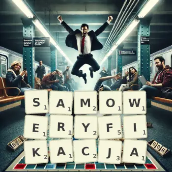 Kreatywna ilustracja do gry w Scrabble ze słowem SAMOWERYFIKACJA ułożonym z płytek na planszy.