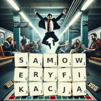 Kreatywna ilustracja do gry w Scrabble ze słowem SAMOWERYFIKACJĄ ułożonym z płytek na planszy.