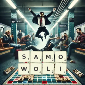 Kreatywna ilustracja do gry w Scrabble ze słowem SAMOWOLI ułożonym z płytek na planszy.