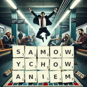 Kreatywna ilustracja do gry w Scrabble ze słowem SAMOWYCHOWANIEM ułożonym z płytek na planszy.