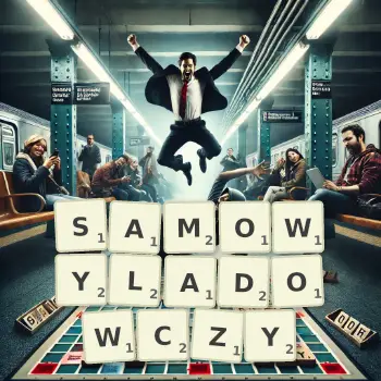 Kreatywna ilustracja do gry w Scrabble ze słowem SAMOWYLADOWCZY ułożonym z płytek na planszy.