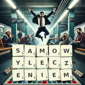 Kreatywna ilustracja do gry w Scrabble ze słowem SAMOWYLECZENIEM ułożonym z płytek na planszy.