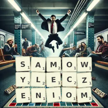 Kreatywna ilustracja do gry w Scrabble ze słowem SAMOWYLECZENIOM ułożonym z płytek na planszy.