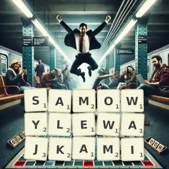 Kreatywna ilustracja do gry w Scrabble ze słowem SAMOWYLEWAJKAMI ułożonym z płytek na planszy.