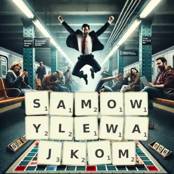 Kreatywna ilustracja do gry w Scrabble ze słowem SAMOWYLEWAJKOM ułożonym z płytek na planszy.