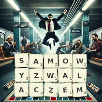 Kreatywna ilustracja do gry w Scrabble ze słowem SAMOWYZWALACZEM ułożonym z płytek na planszy.