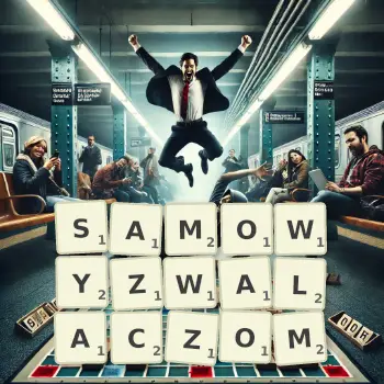 Kreatywna ilustracja do gry w Scrabble ze słowem SAMOWYZWALACZOM ułożonym z płytek na planszy.