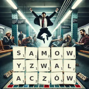 Kreatywna ilustracja do gry w Scrabble ze słowem SAMOWYZWALACZÓW ułożonym z płytek na planszy.
