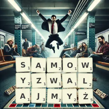 Kreatywna ilustracja do gry w Scrabble ze słowem SAMOWYZWALAJMYŻ ułożonym z płytek na planszy.