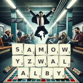 Kreatywna ilustracja do gry w Scrabble ze słowem SAMOWYZWALALBY ułożonym z płytek na planszy.